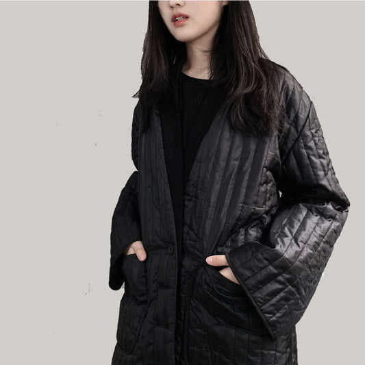 Unisex Padded overcoat Quilted Coat Black padded jacket quilted jacket Chinese style padded coat black kimono coat winter quilted coat