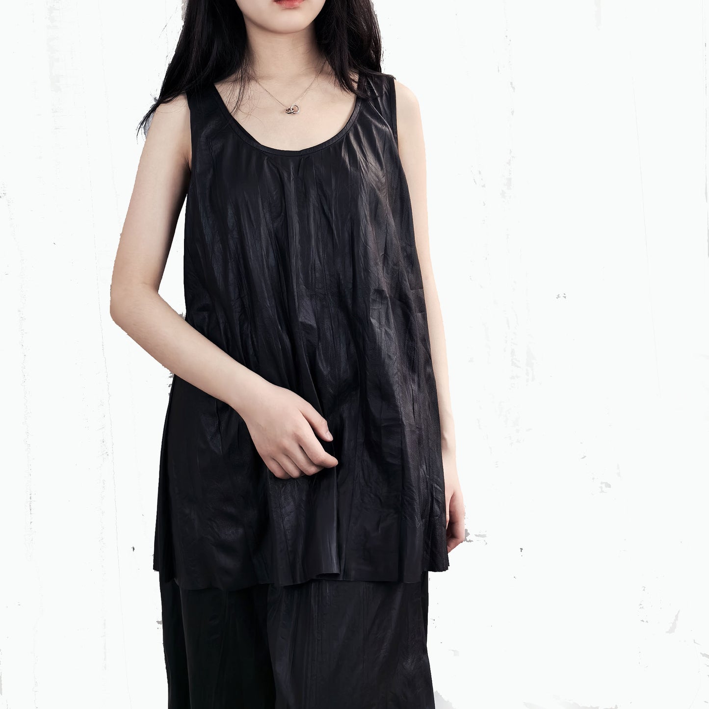 Black crinkle tank top and wide leg pants Light weight man made leather fabric black tank top vegan leather top wide leg trousers