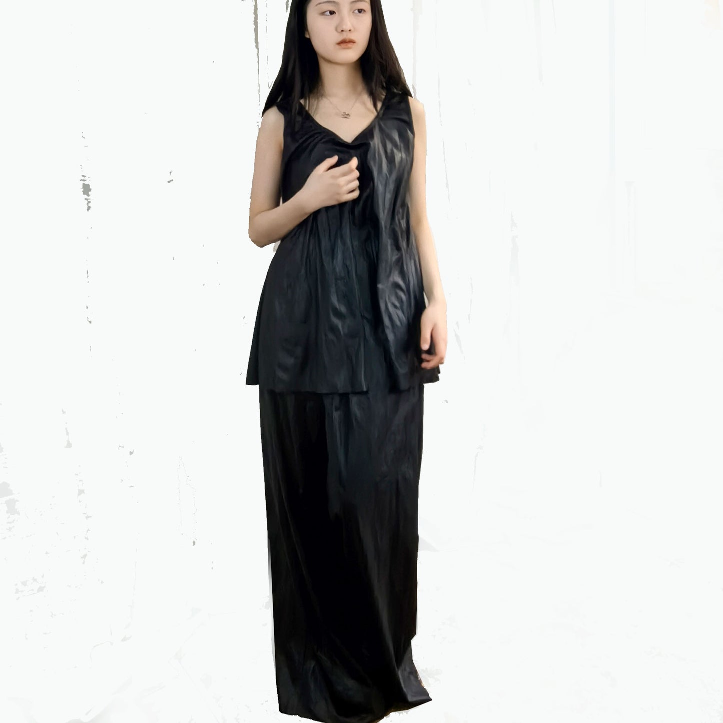 Black crinkle tank top and wide leg pants Light weight man made leather fabric black tank top vegan leather top wide leg trousers