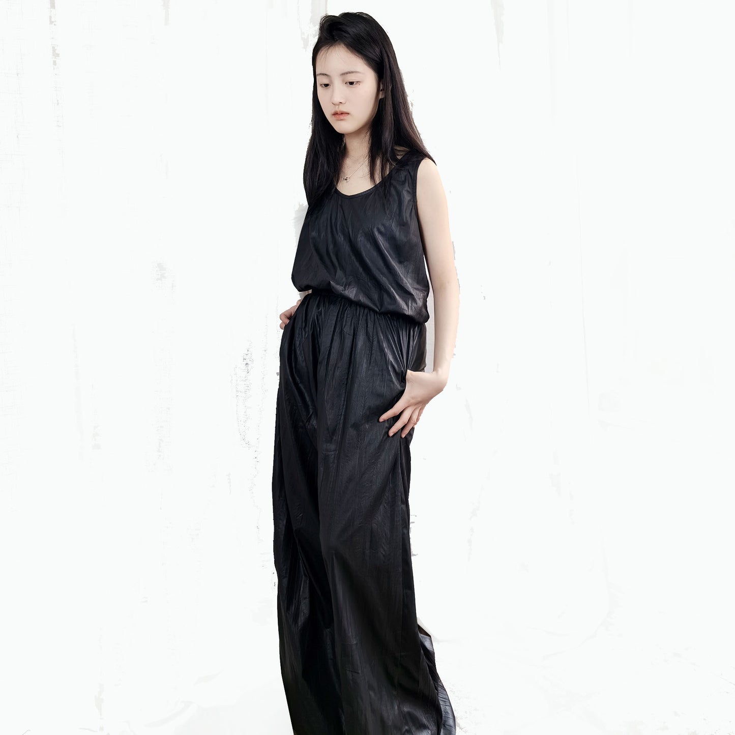 Black crinkle tank top and wide leg pants Light weight man made leather fabric black tank top vegan leather top wide leg trousers