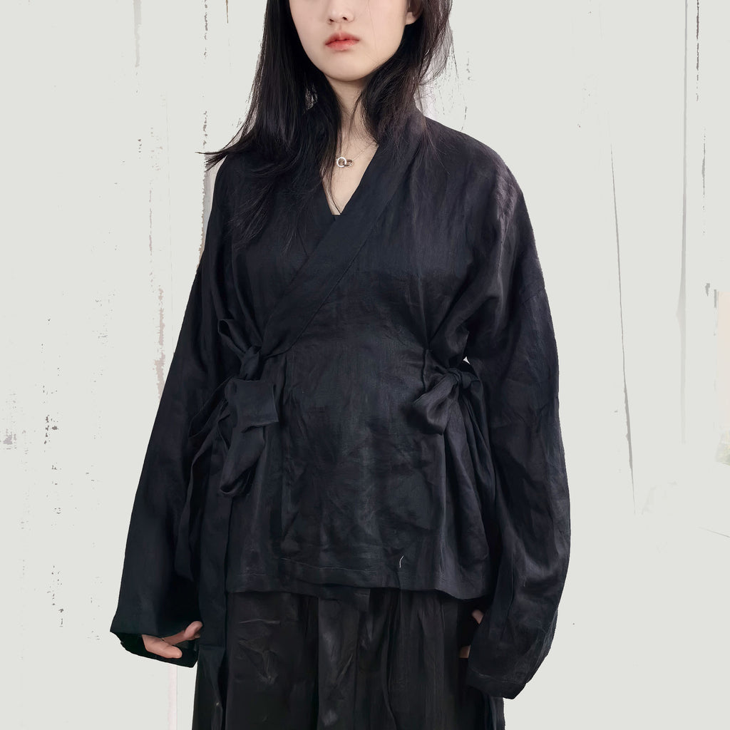 Linen blouse black linen top women's blouse with extra long ties wrap style shirt with belts linen top for women linen blouse linen shirt