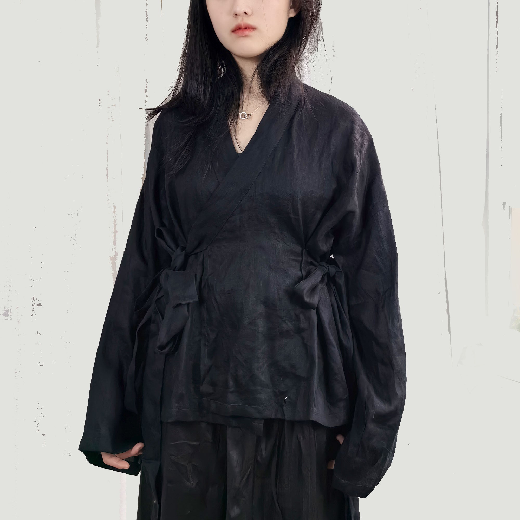 Linen blouse black linen top women's blouse with extra long ties wrap style shirt with belts linen top for women linen blouse linen shirt