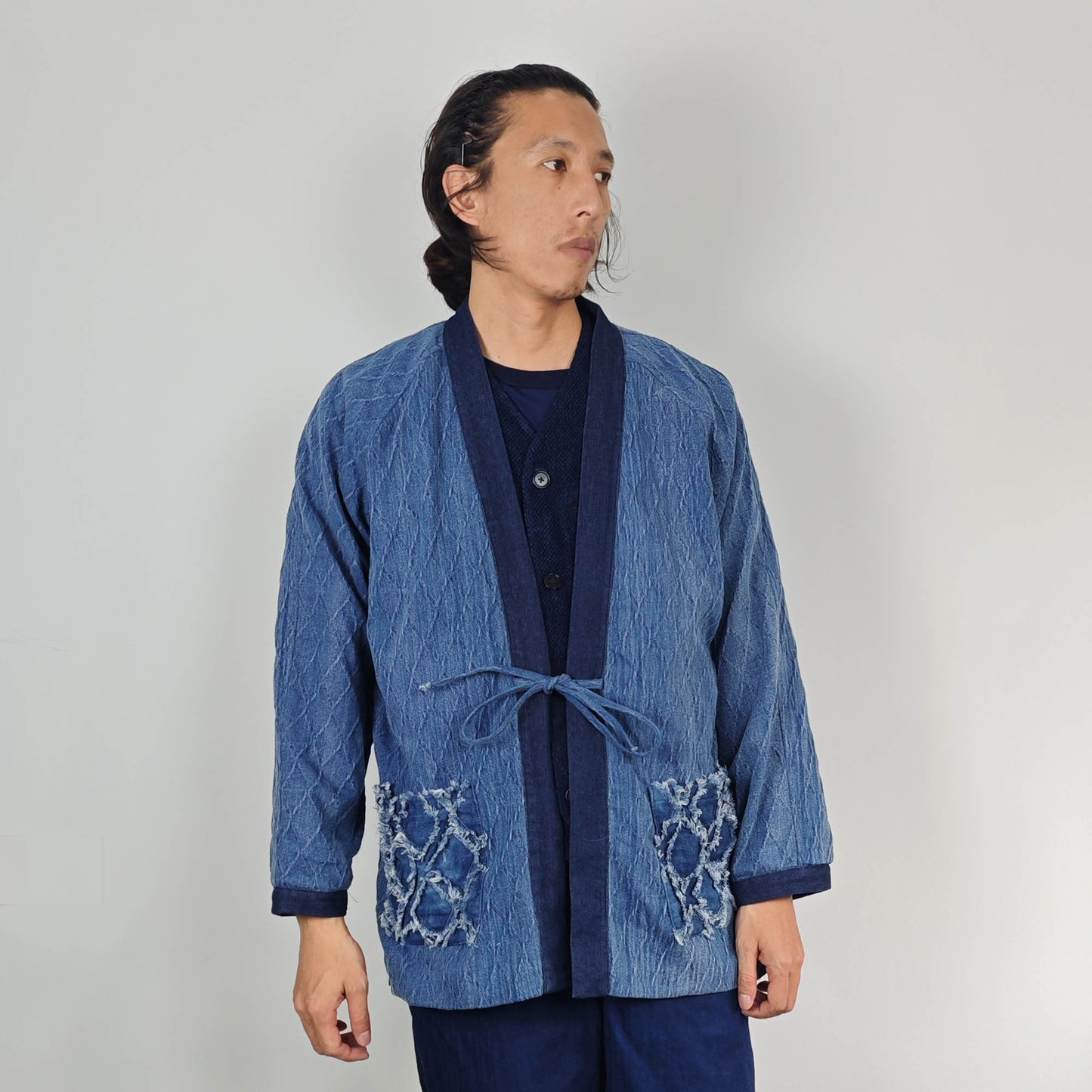 Denim Kimono Winter Denim kimono Patchwork Denim Kimono kimono with fleece winter warm Kimono men's Denim Kimono size M patch pockets