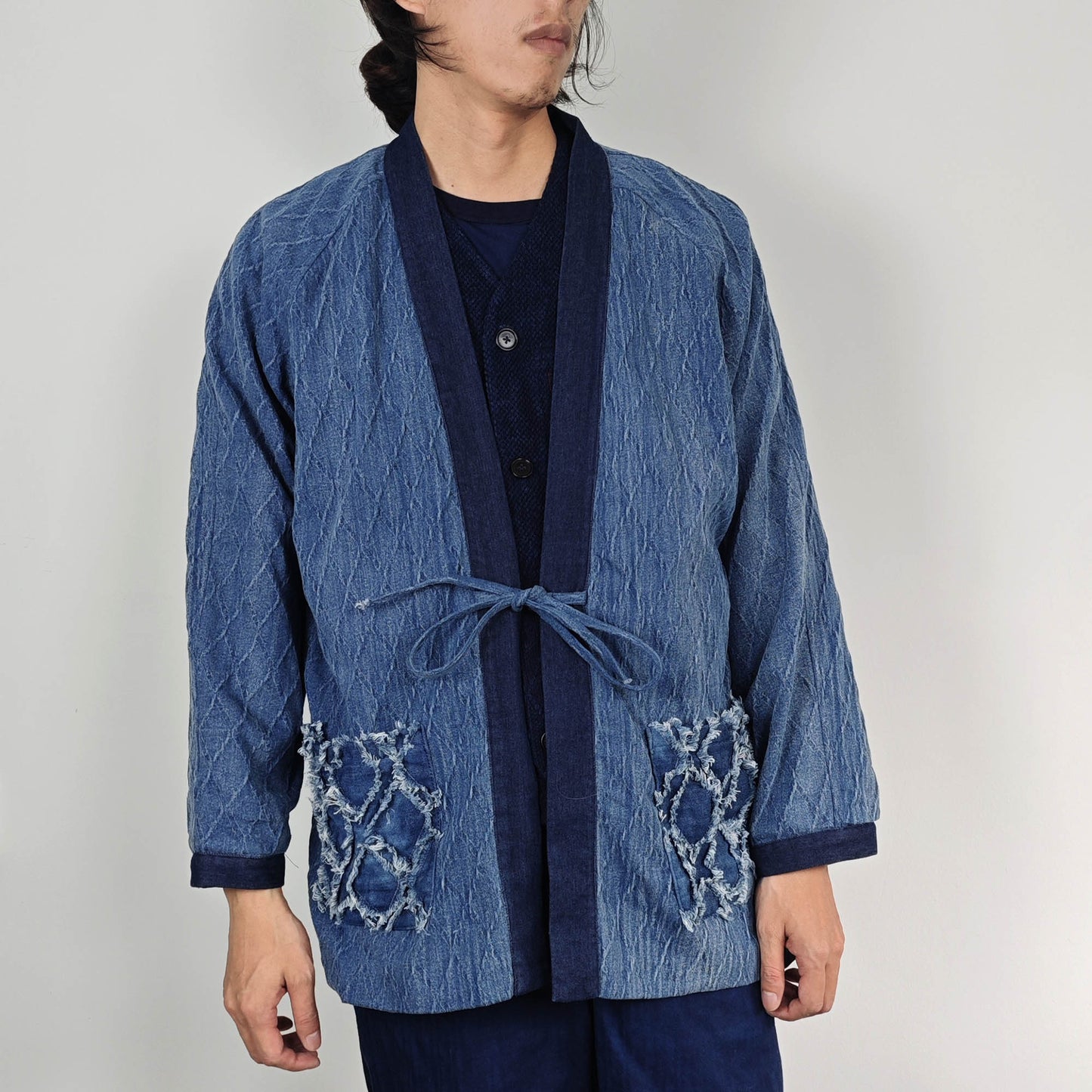 Denim Kimono Winter Denim kimono Patchwork Denim Kimono kimono with fleece winter warm Kimono men's Denim Kimono size M patch pockets