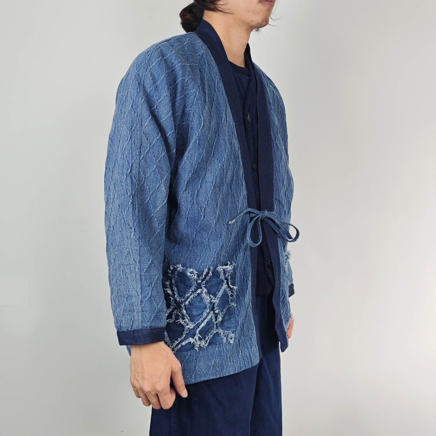 Denim Kimono Winter Denim kimono Patchwork Denim Kimono kimono with fleece winter warm Kimono men's Denim Kimono size M patch pockets