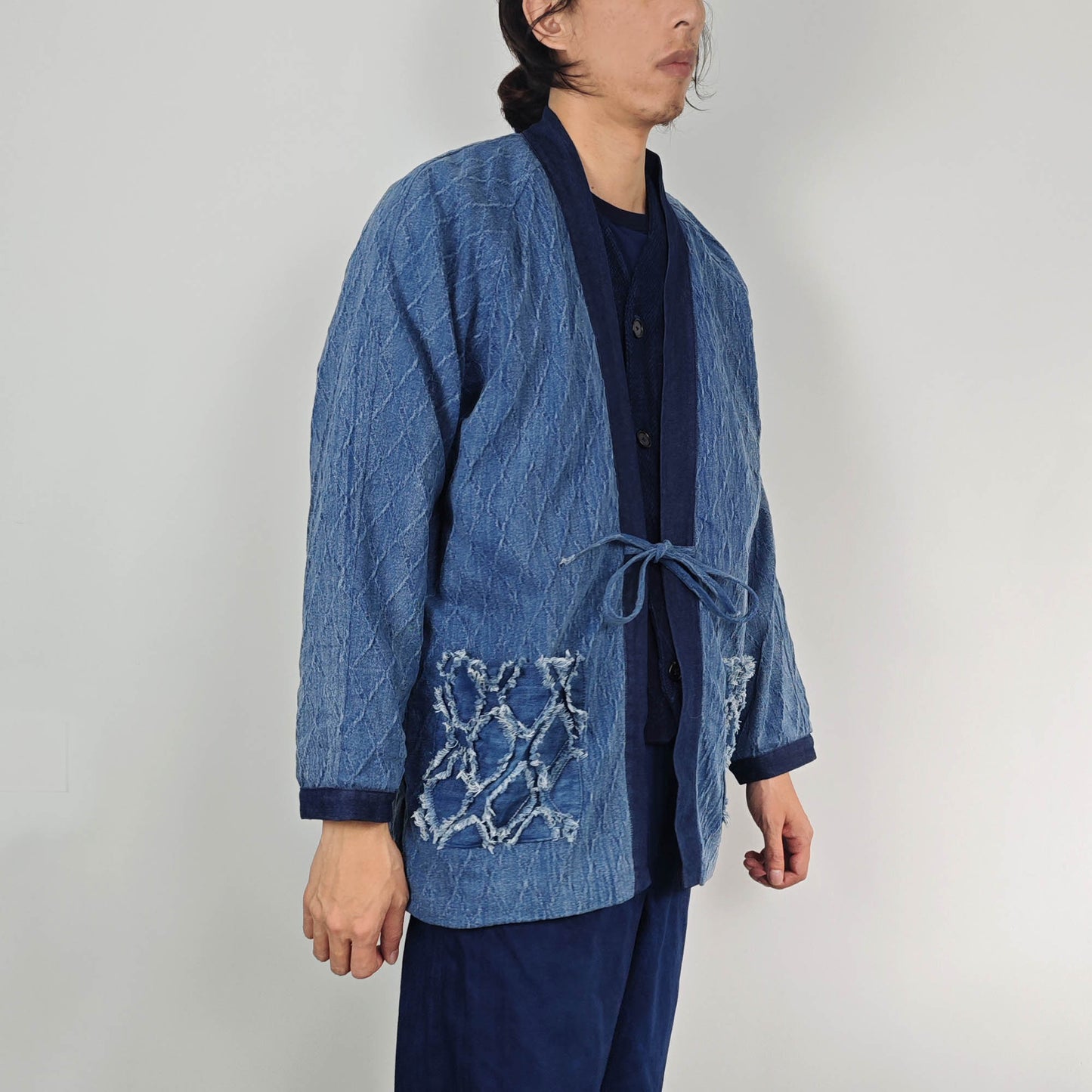 Denim Kimono Winter Denim kimono Patchwork Denim Kimono kimono with fleece winter warm Kimono men's Denim Kimono size M patch pockets