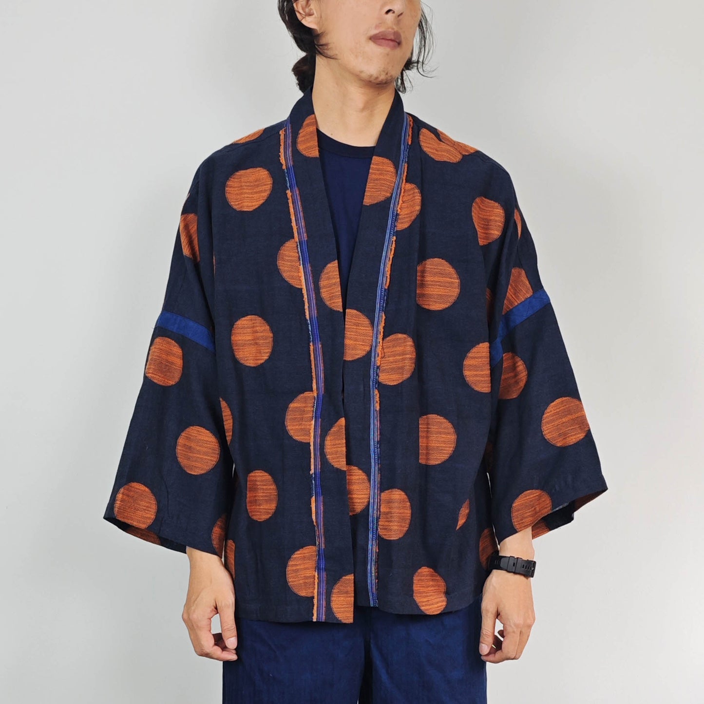 Indigo blue dye Cotton Polka dots Kimono light weight kimono Indigo kimono orange polka dot blue kimono shirt summer kimono shirt loose fit