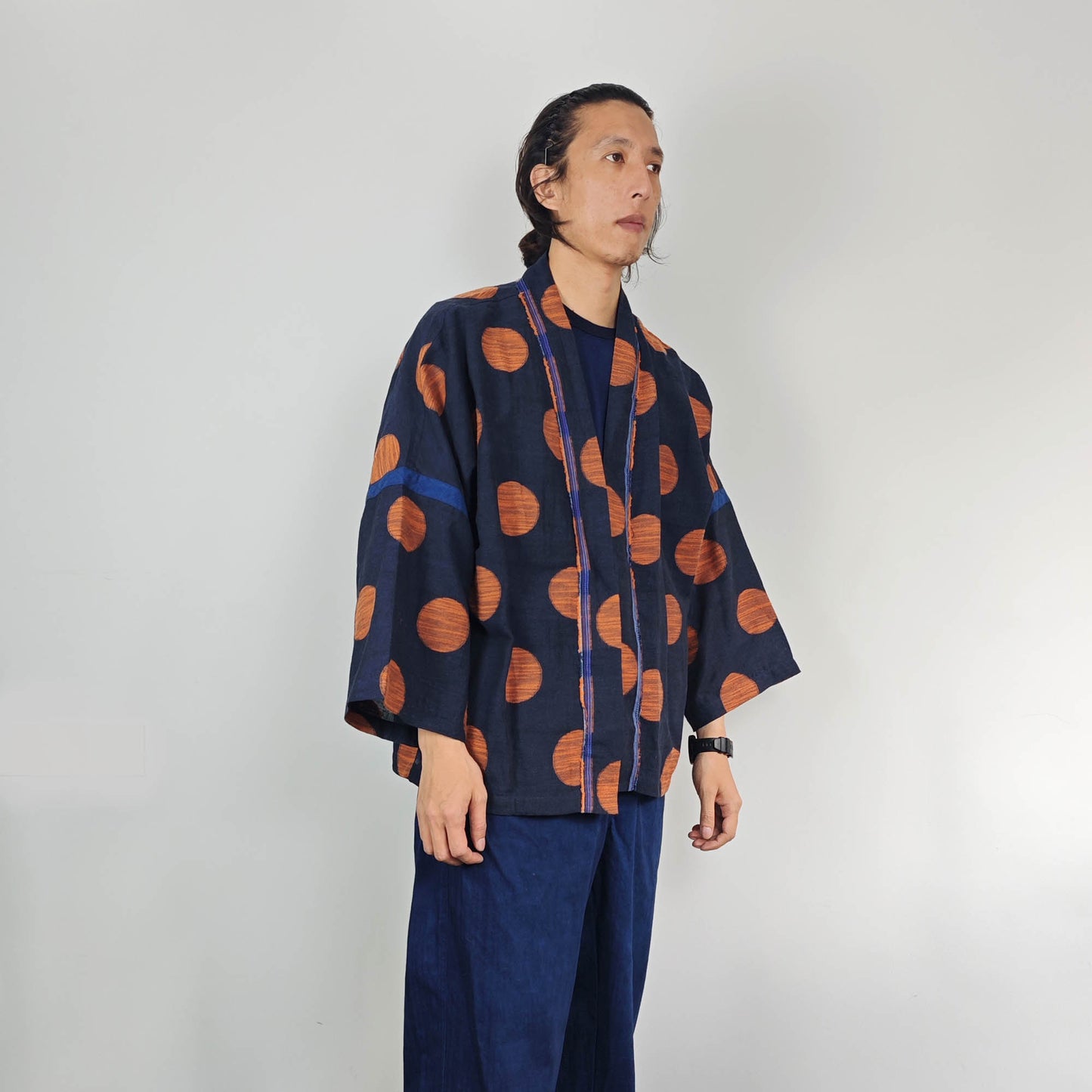 Indigo blue dye Cotton Polka dots Kimono light weight kimono Indigo kimono orange polka dot blue kimono shirt summer kimono shirt loose fit