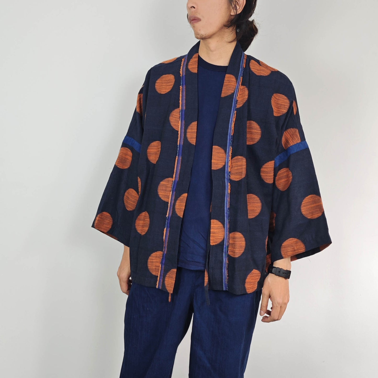 Indigo blue dye Cotton Polka dots Kimono light weight kimono Indigo kimono orange polka dot blue kimono shirt summer kimono shirt loose fit