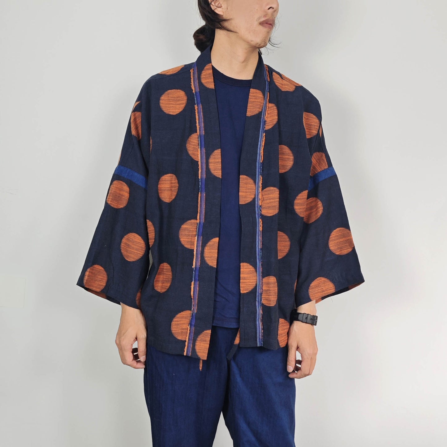 Indigo blue dye Cotton Polka dots Kimono light weight kimono Indigo kimono orange polka dot blue kimono shirt summer kimono shirt loose fit