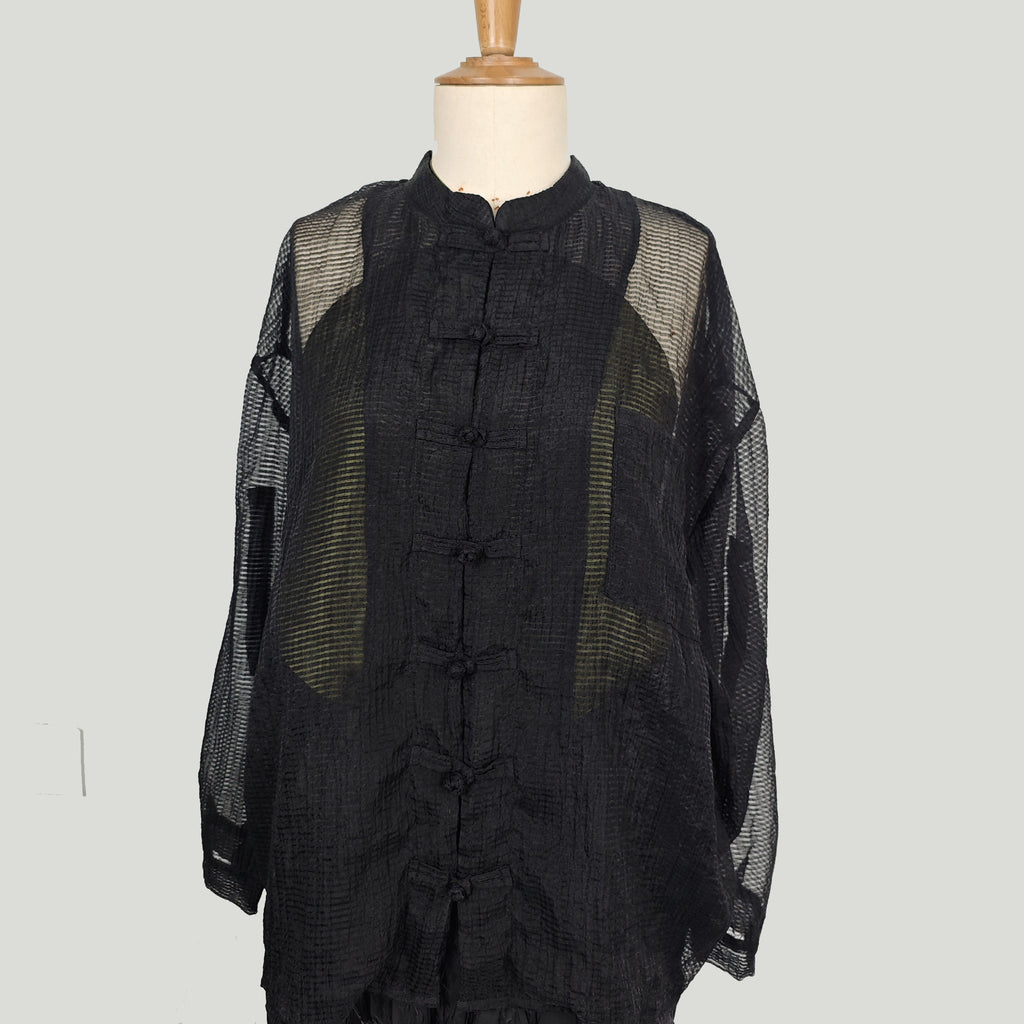 Light weigth see through Tang suit top tencel blended fabric loose fit tang suit style blouse