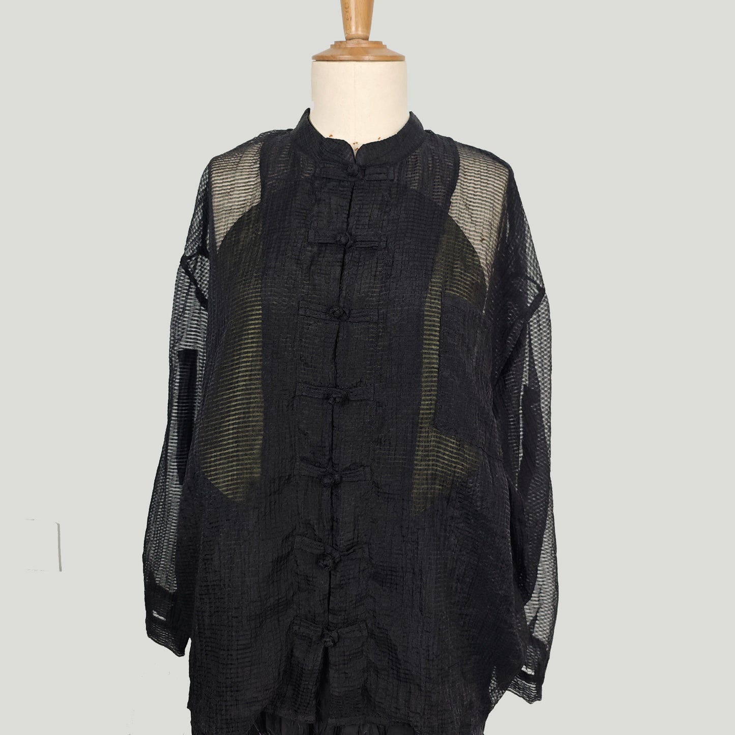 Light weigth see through Tang suit top tencel blended fabric loose fit tang suit style blouse