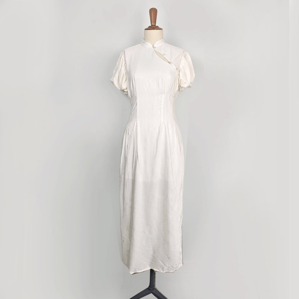 Fitted Qipao dress with puffy sleeves Chinese Qipao dress silky rayon fabric