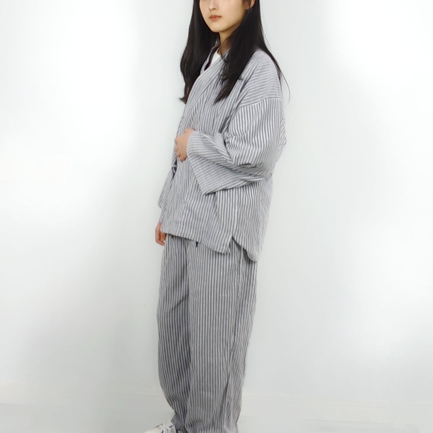 Home staying cotton set double cotton gauze fabric soft and comfy kimono set home staying gray striped cotton kimono samue set pajamas set