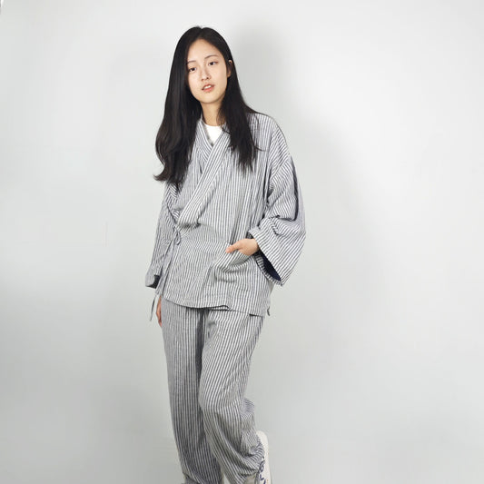 Home staying cotton set double cotton gauze fabric soft and comfy kimono set home staying gray striped cotton kimono samue set pajamas set