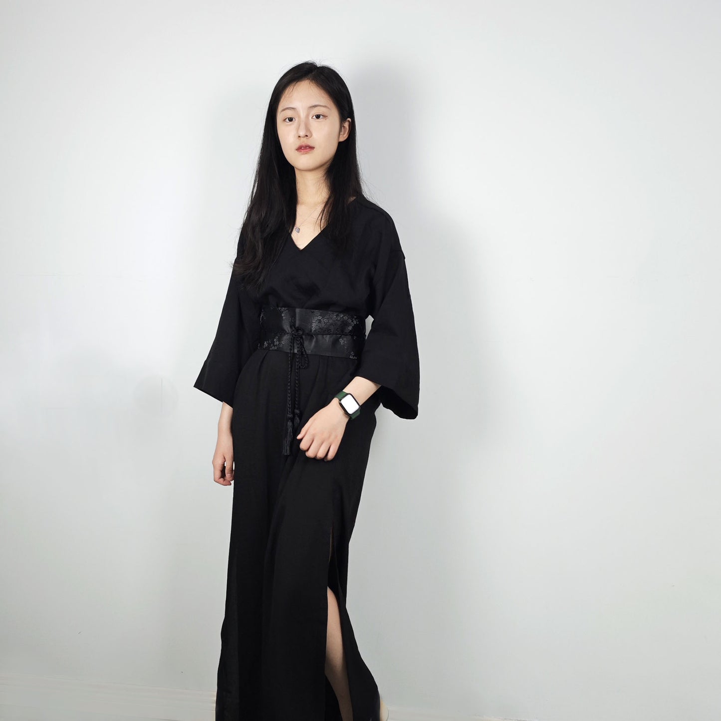 Black Kimono dress with belt half sleeves Kimono dress with OBI belt loose fit kimono dress black dress max black dress