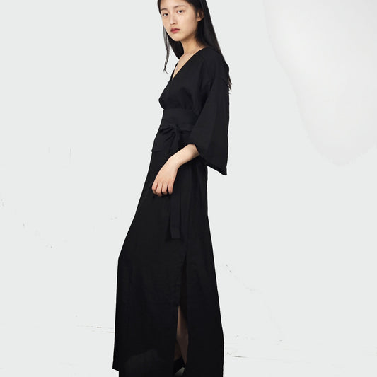 Black Kimono dress with belt half sleeves Kimono dress with OBI belt loose fit kimono dress black dress max black dress