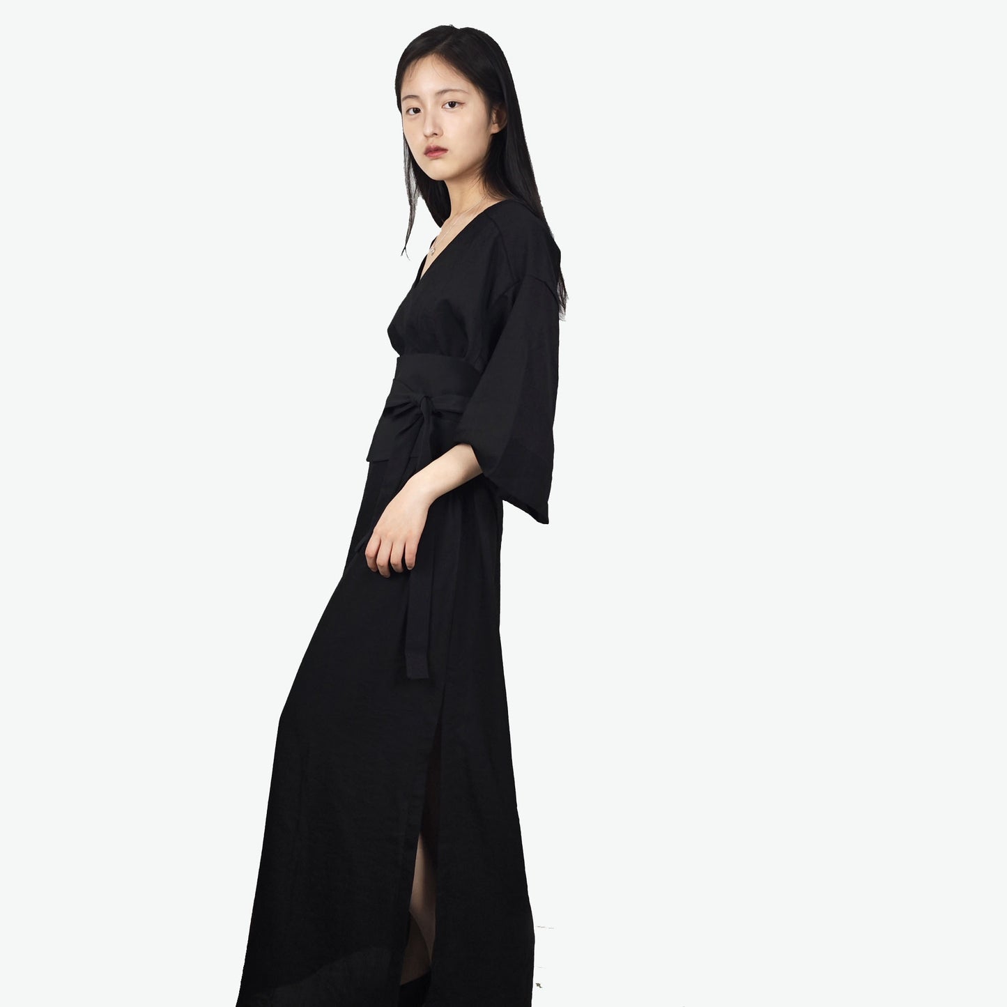 Black Kimono dress with belt half sleeves Kimono dress with OBI belt loose fit kimono dress black dress max black dress