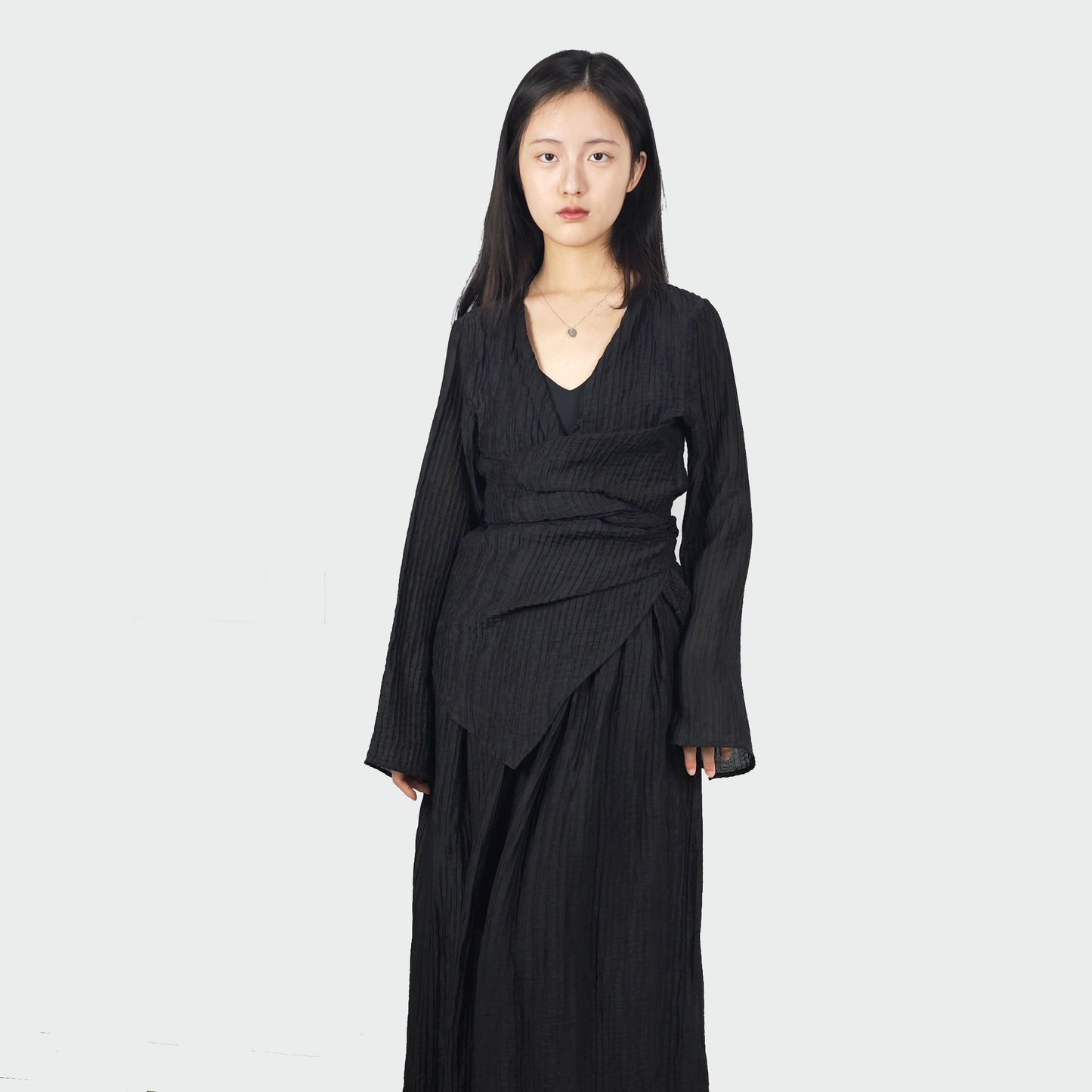 Oriental style crinkle top and wrap up crinkle shirt and crinkle skirt pleated fabric pleated shirt black pleated blouse black pleated skirt