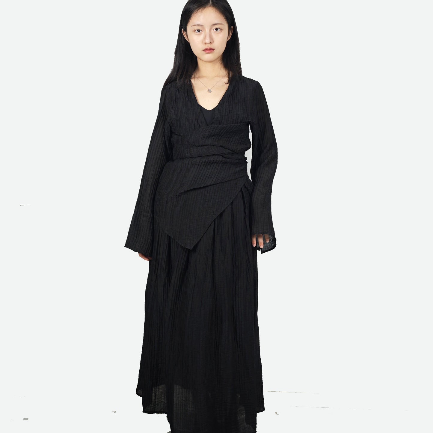 Oriental style crinkle top and wrap up crinkle shirt and crinkle skirt pleated fabric pleated shirt black pleated blouse black pleated skirt