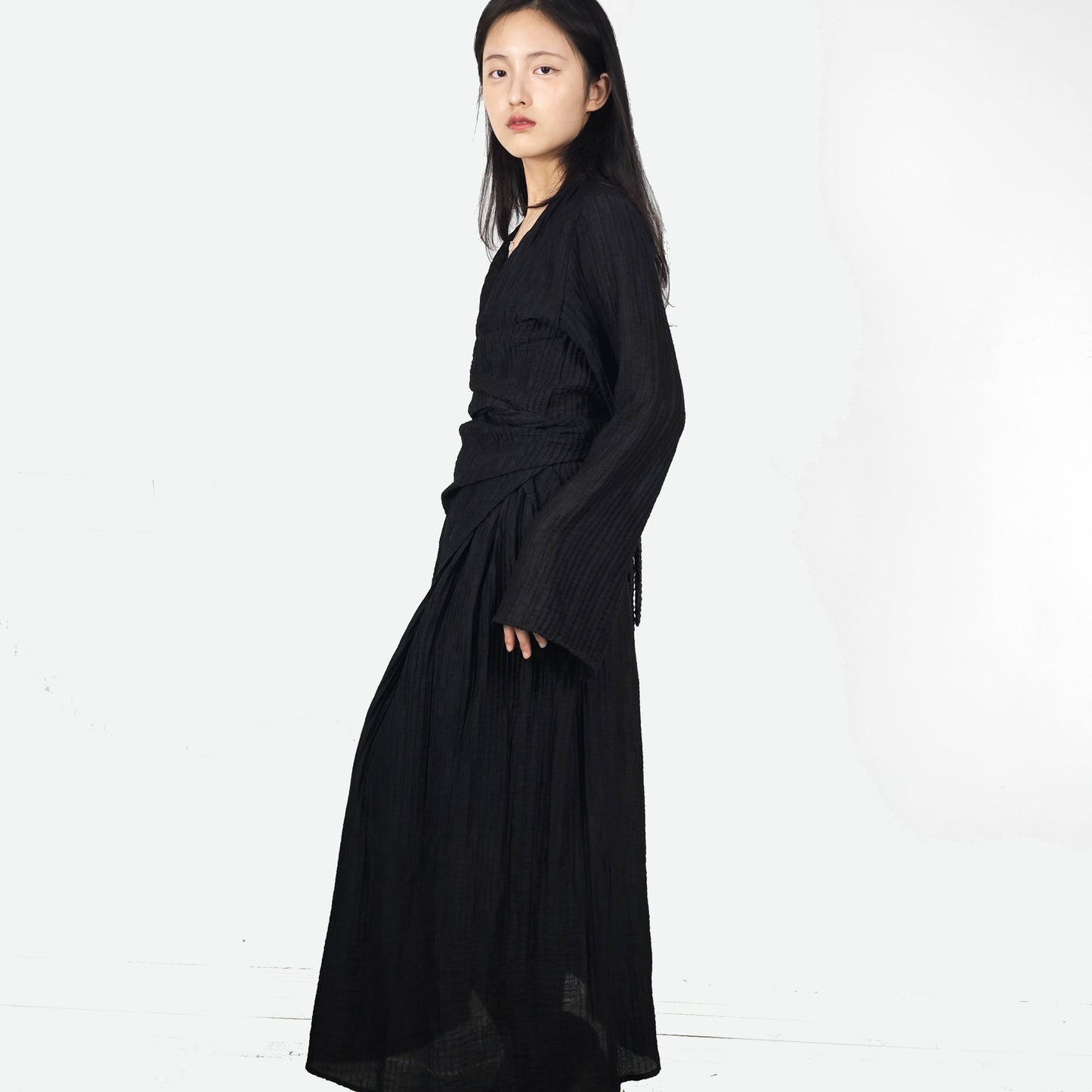 Oriental style crinkle top and wrap up crinkle shirt and crinkle skirt pleated fabric pleated shirt black pleated blouse black pleated skirt