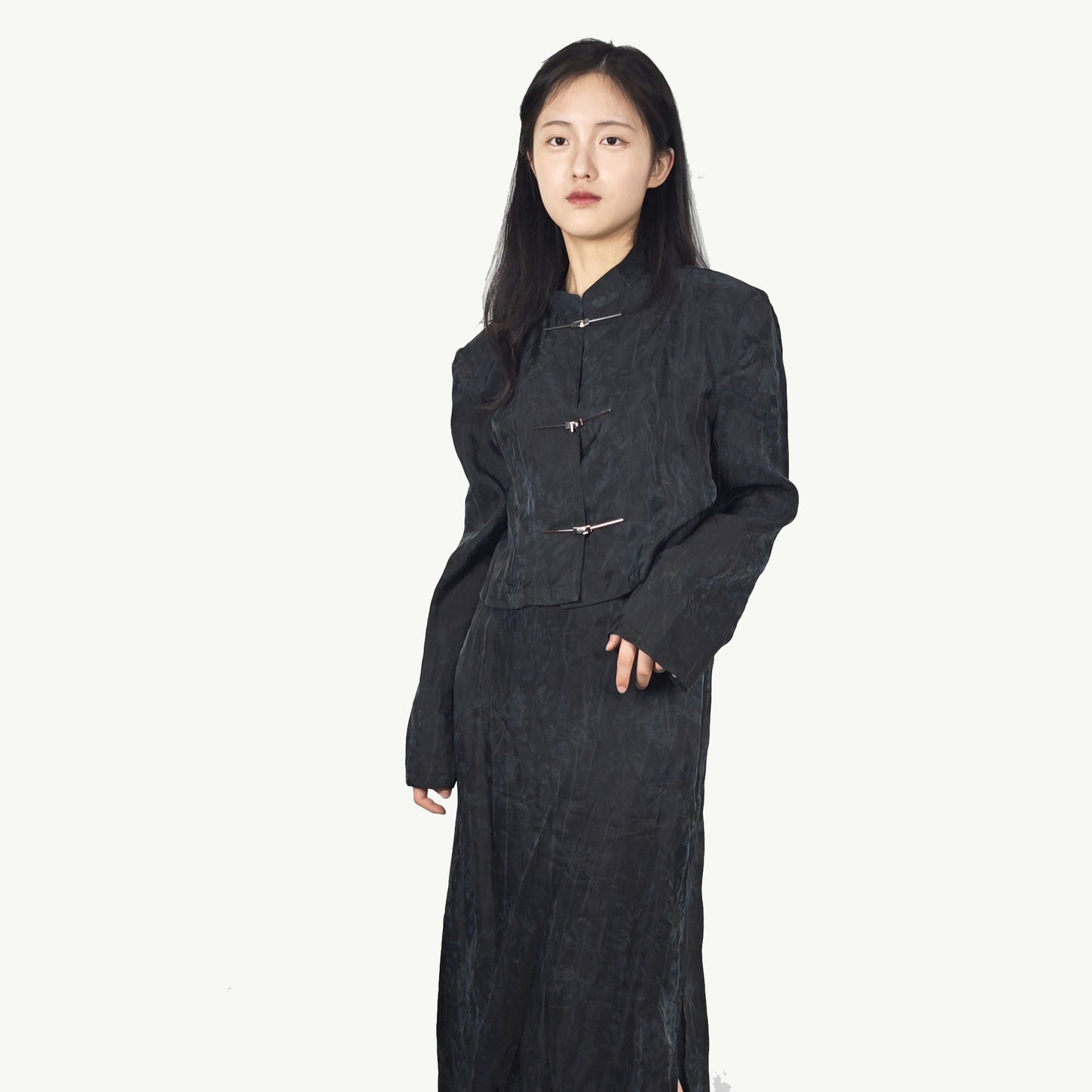 Tencel Tang suit style set crop top + slit skirt loose fit crop top tang suit style jacket Cheongsam jacket