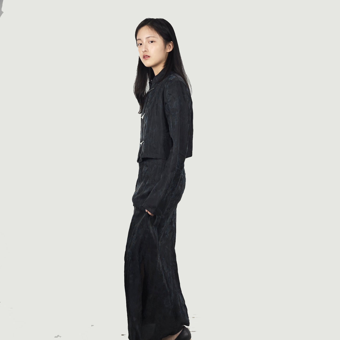 Tencel Tang suit style set crop top + slit skirt loose fit crop top tang suit style jacket Cheongsam jacket