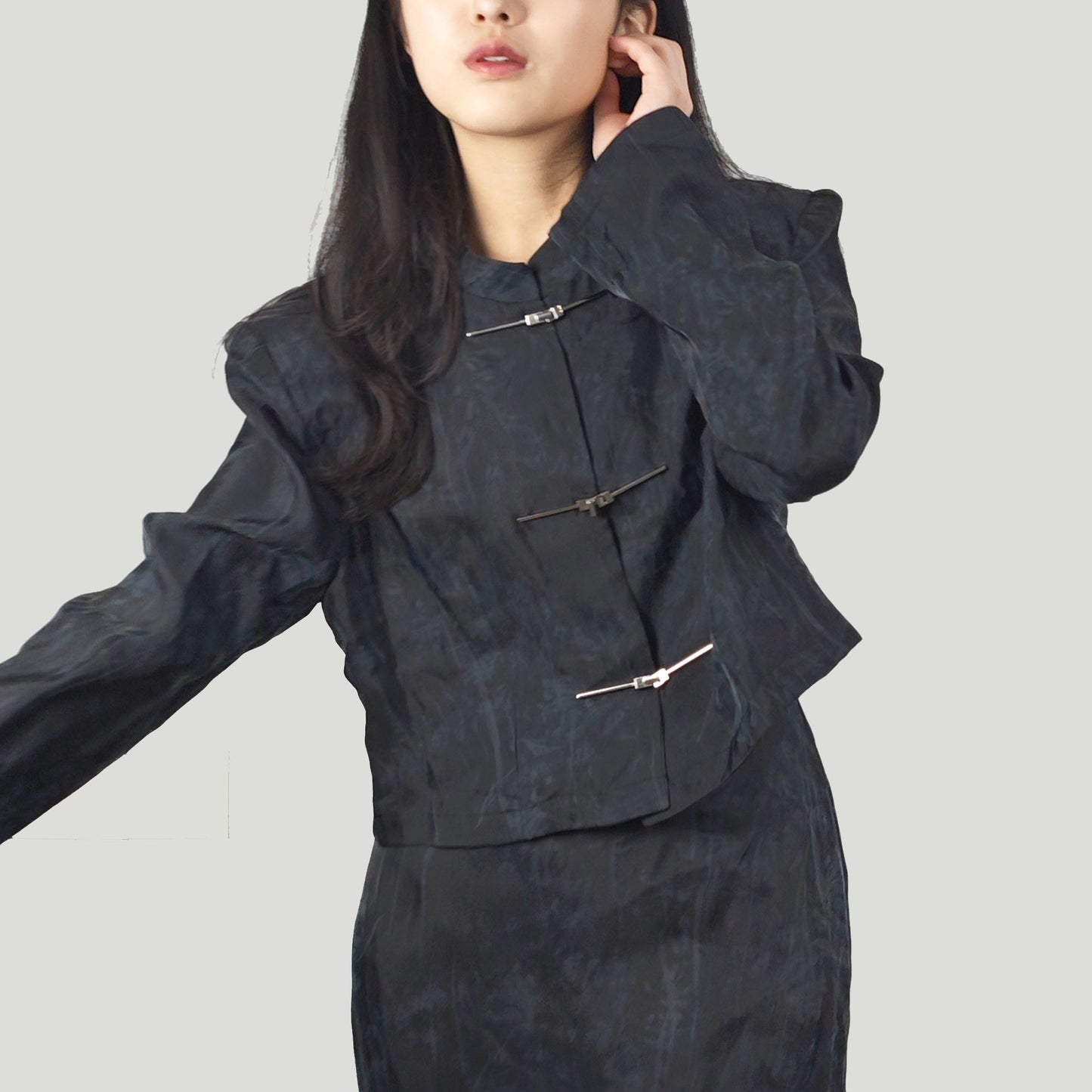 Tencel Tang suit style set crop top + slit skirt loose fit crop top tang suit style jacket Cheongsam jacket