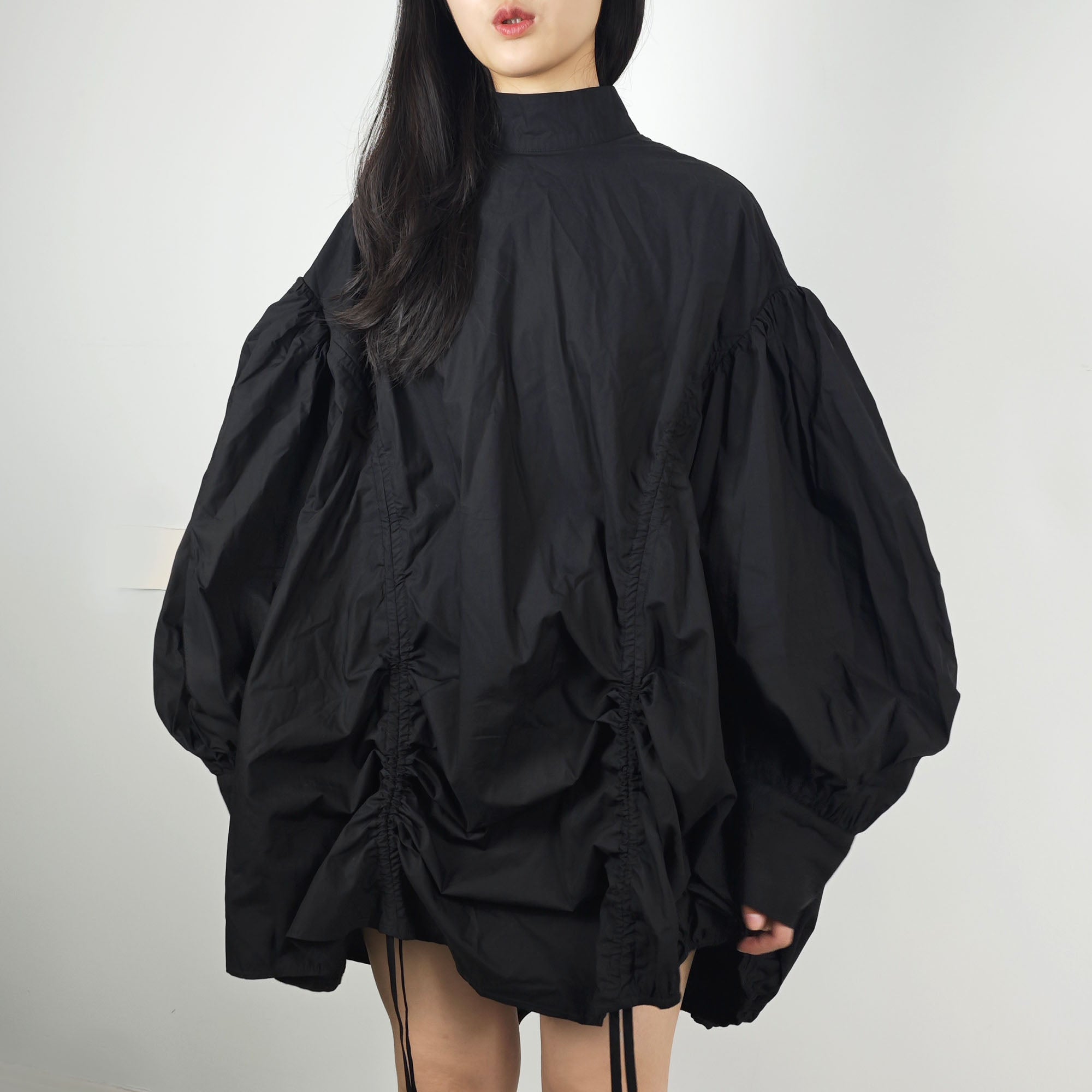 Large Volume cotton shirt with drawstring bubble sleeves cotton shirt extra large volume shirt lattern sleeves blouse over size shirt