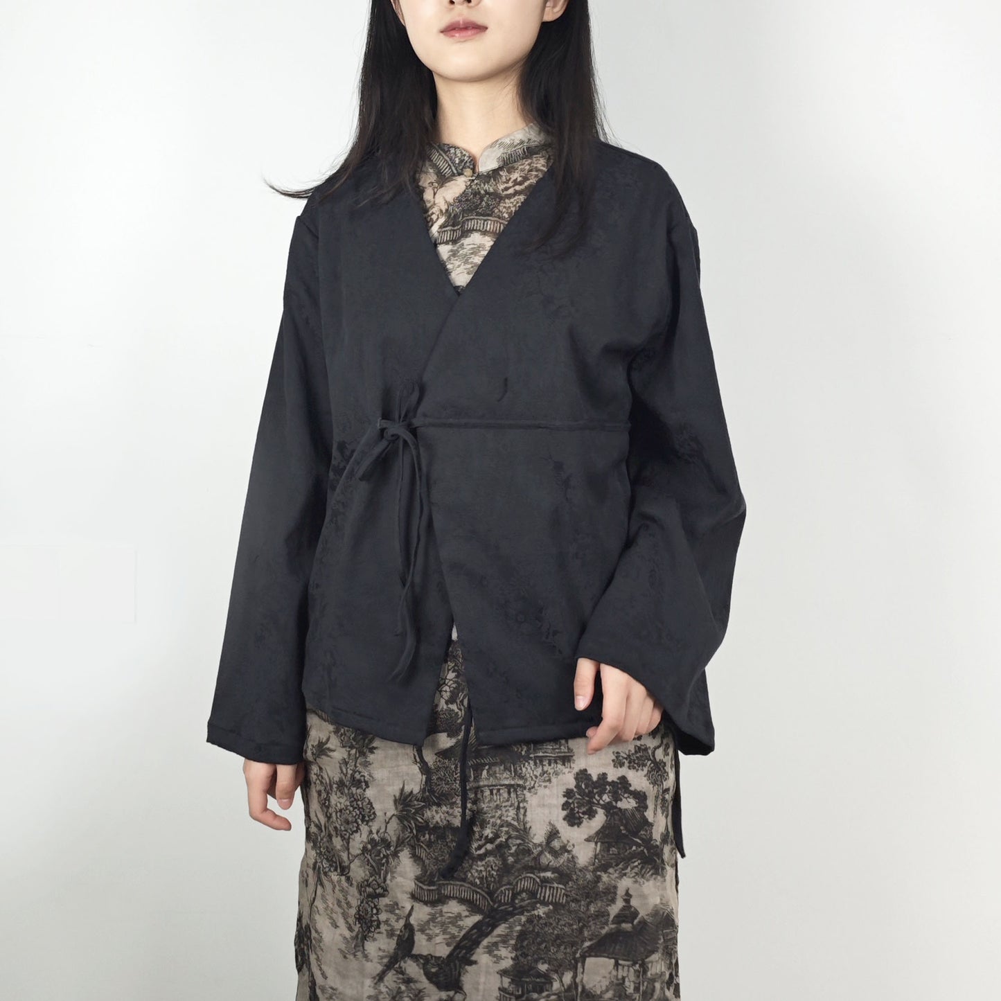 Cross front Hanfu style top cotton jacquard fabric