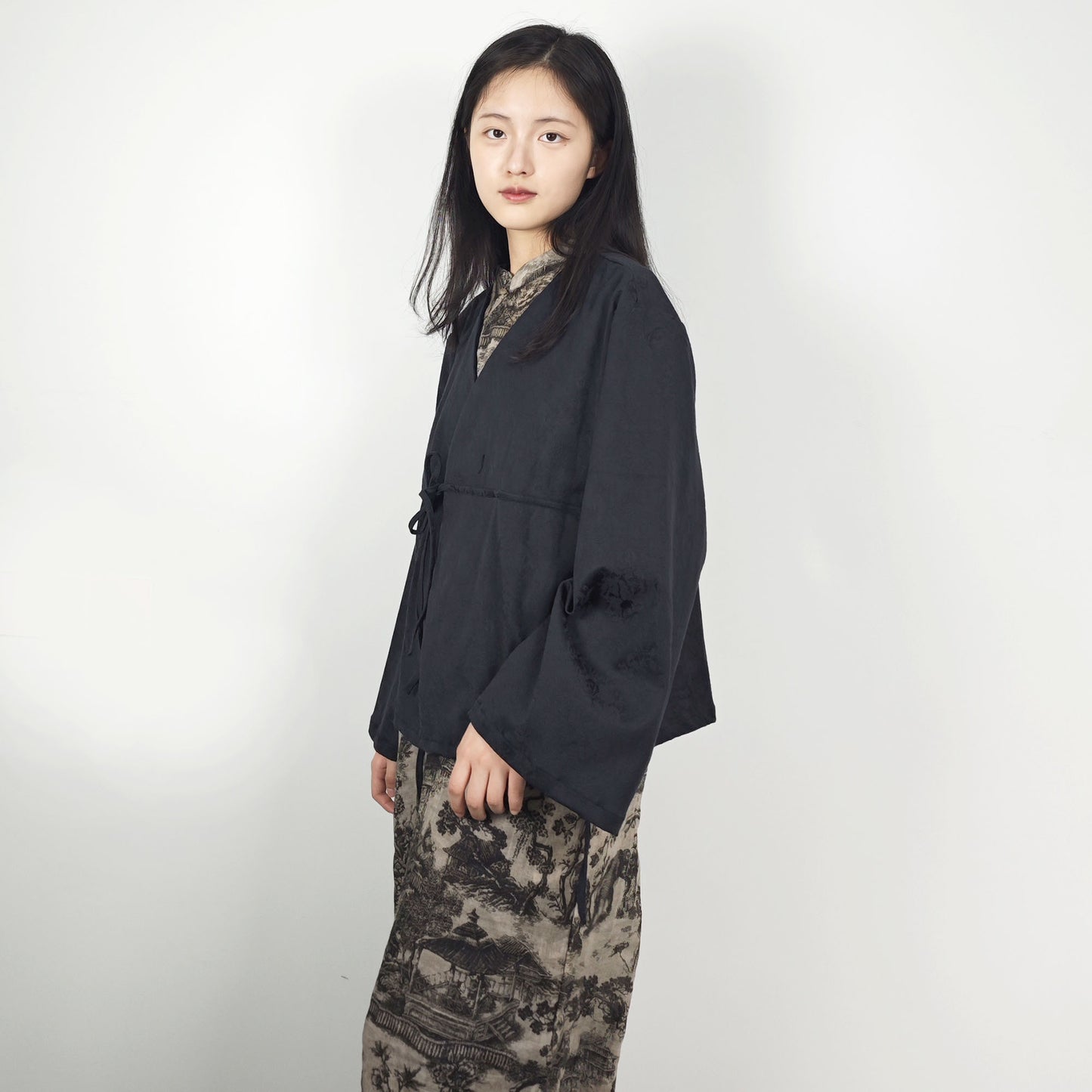 Cross front Hanfu style top cotton jacquard fabric