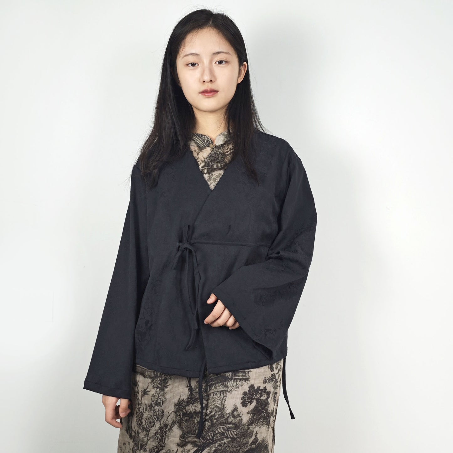 Cross front Hanfu style top cotton jacquard fabric