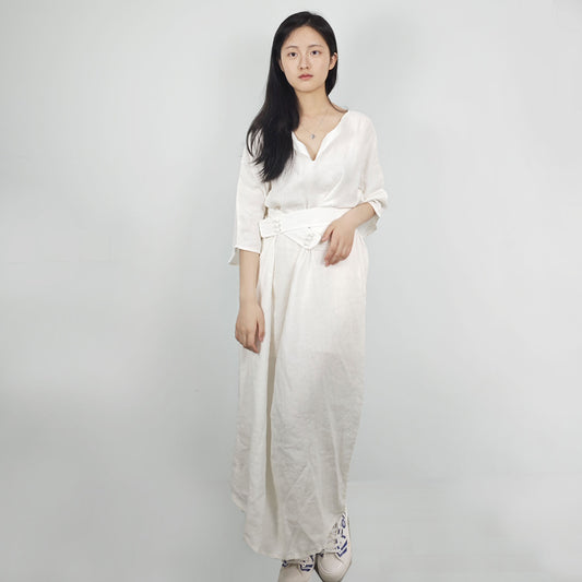 Linen dress long sleeves linen dress maxi linen dress with belt toggles belt flexible belt washed linen dress for women