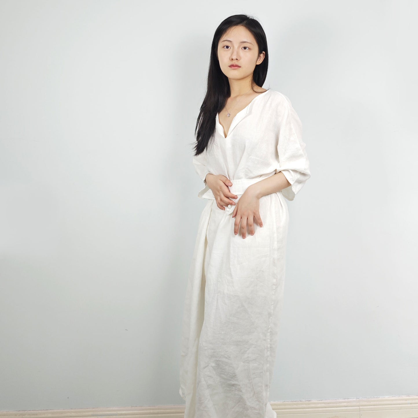Linen dress long sleeves linen dress maxi linen dress with belt toggles belt flexible belt washed linen dress for women