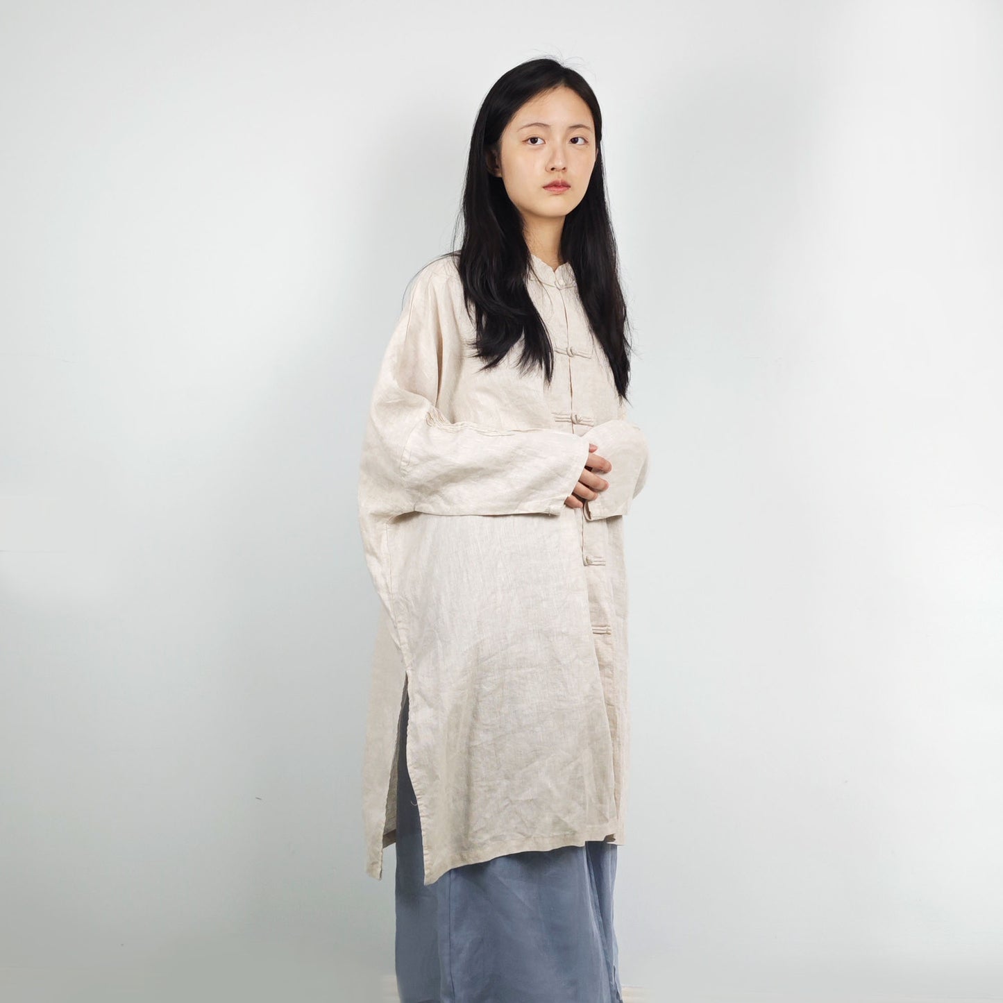 Chinese toggles linen blouse loose fit linen shirt Dew retting Linen Chinese Tang suit style shirt