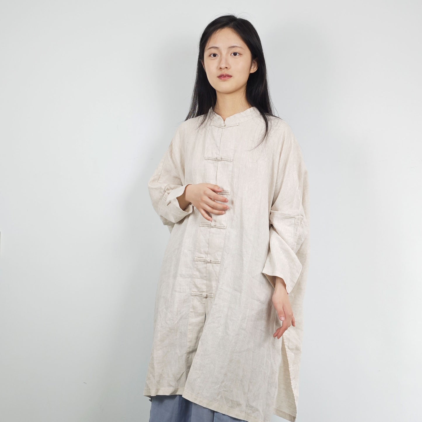 Chinese toggles linen blouse loose fit linen shirt Dew retting Linen Chinese Tang suit style shirt