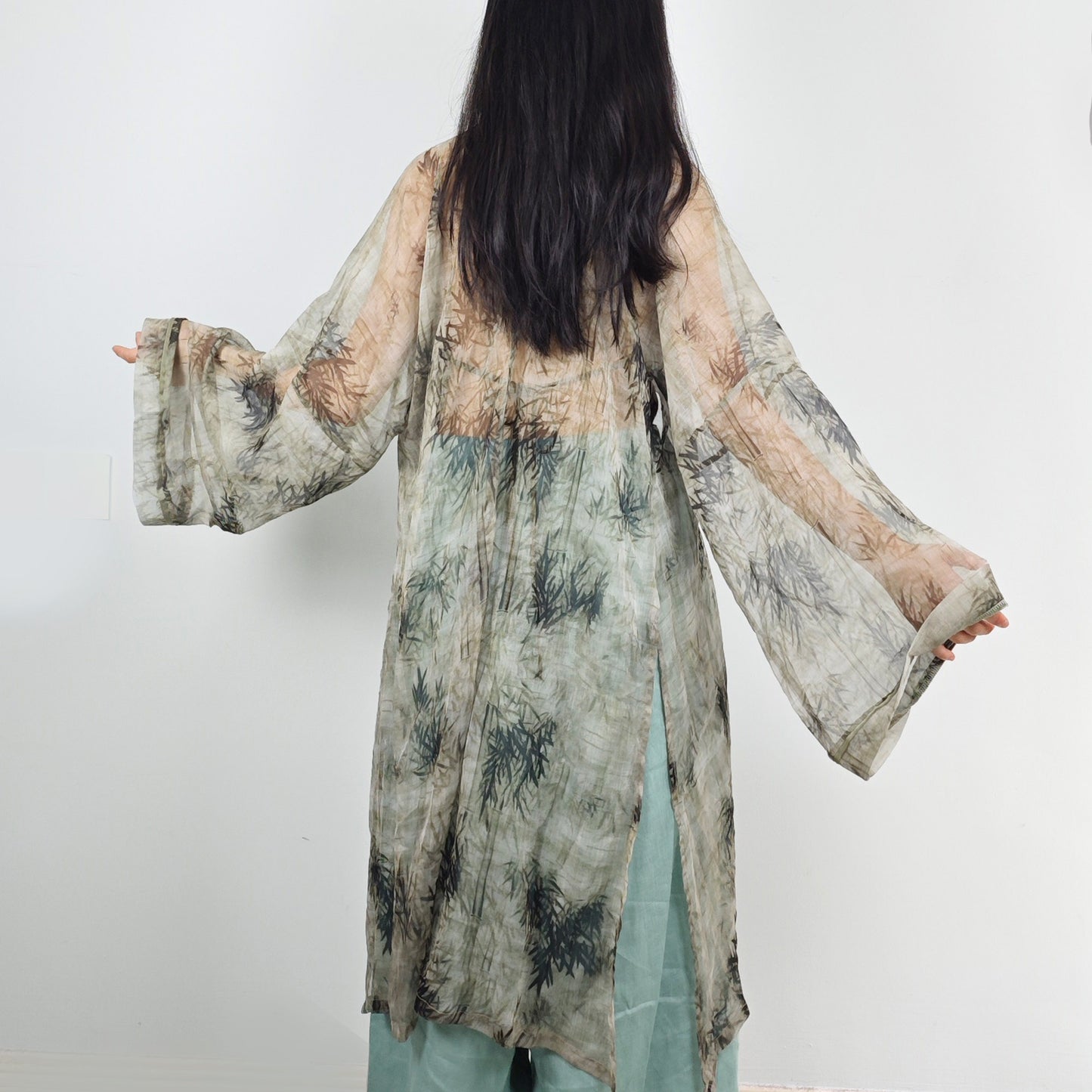Tencel Hanfu bamboo motif green open cardigan hanfu top layer linen long cardigan loose fit open cardigan lime green hanfu