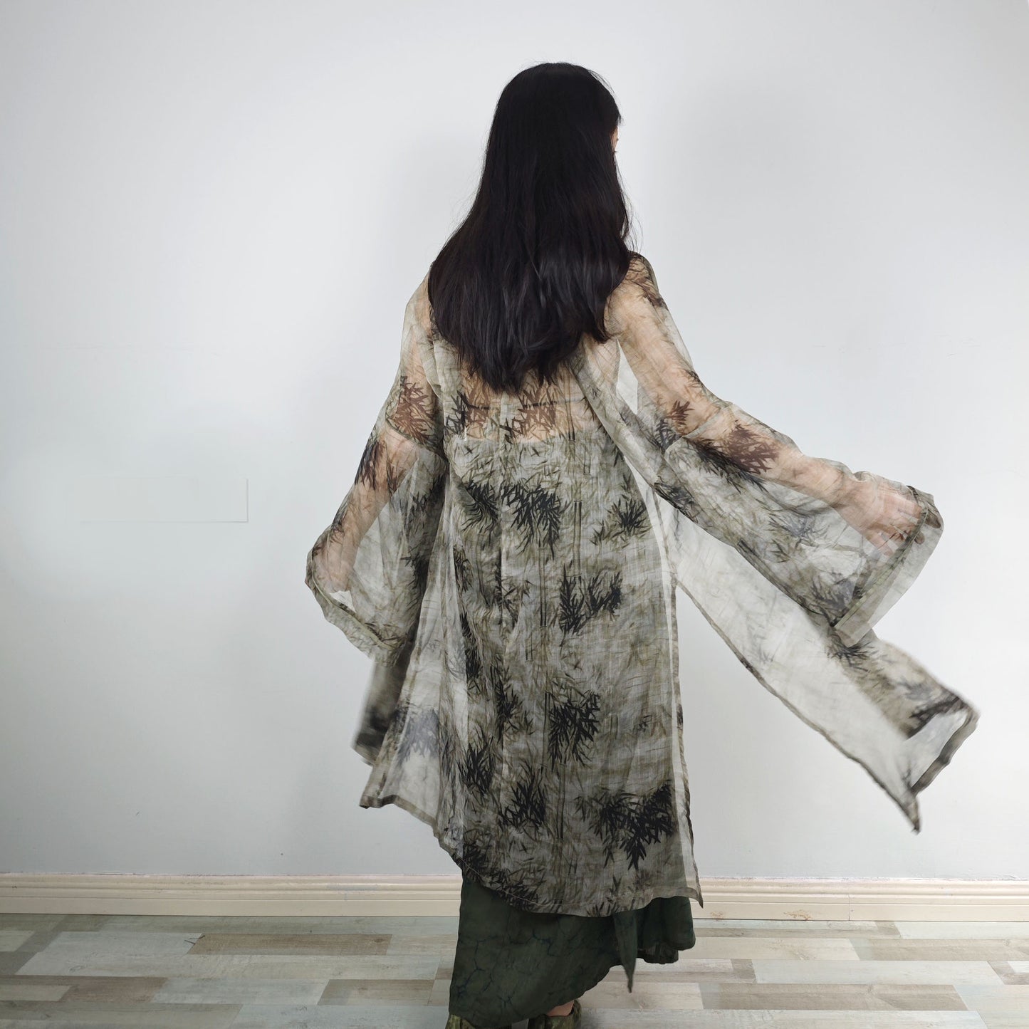 Tencel Hanfu bamboo motif green open cardigan hanfu top layer linen long cardigan loose fit open cardigan lime green hanfu