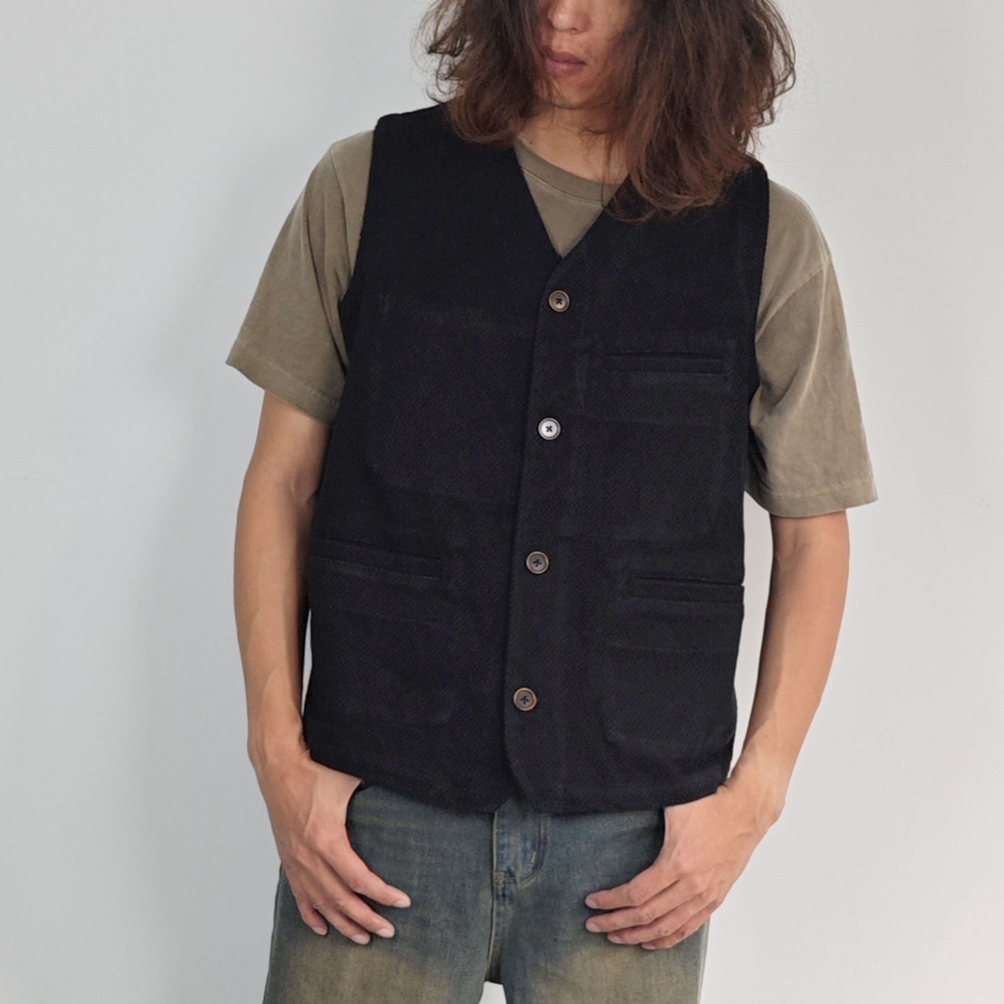 Sashiko Vest Retro style V neck gilet washed black sashiko vest sashiko jacket retro French work gilet waistcoats