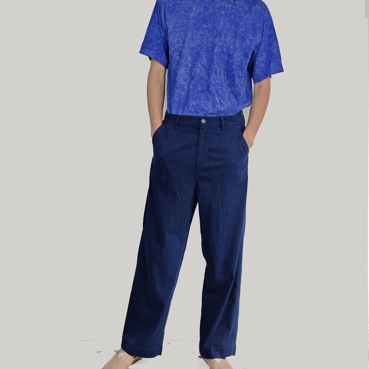 Indigo blue cotton pants plant dye herringbone weave cotton made trousers retro style regular fit pants hand dyed indigo pants