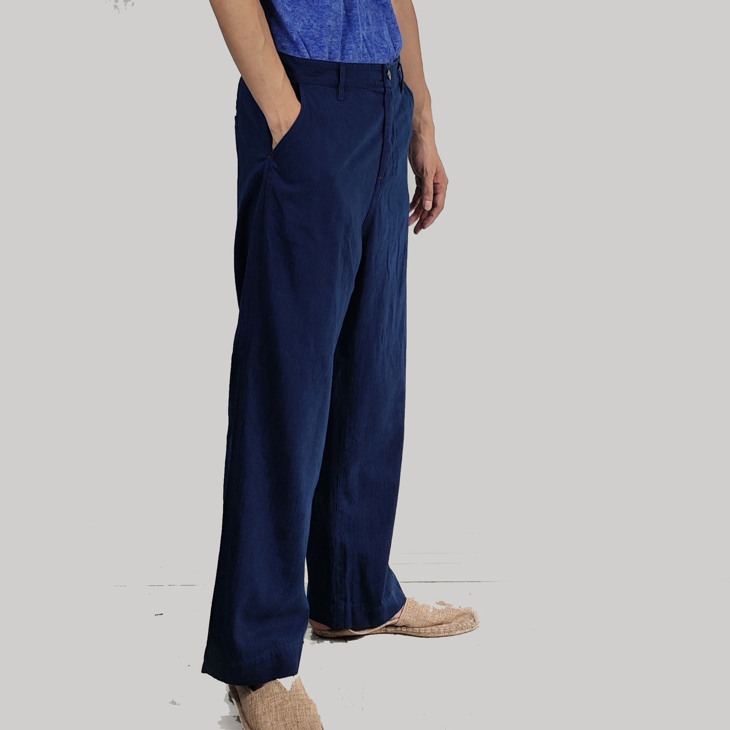 Indigo blue cotton pants plant dye herringbone weave cotton made trousers retro style regular fit pants hand dyed indigo pants