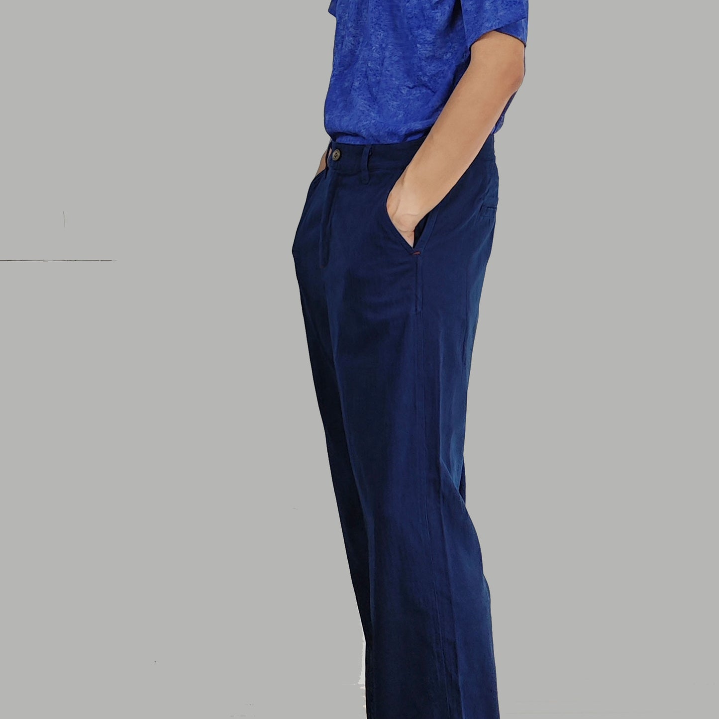 Indigo blue cotton pants plant dye herringbone weave cotton made trousers retro style regular fit pants hand dyed indigo pants