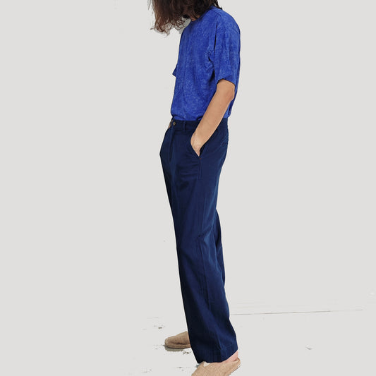 Indigo blue cotton pants plant dye herringbone weave cotton made trousers retro style regular fit pants hand dyed indigo pants