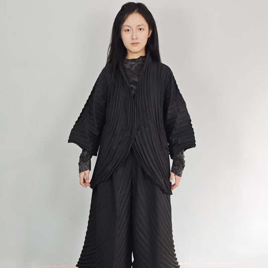 Pleated black top and pants set sculpture shape shirt and wide leg pants pleats fabric creative shape A SET