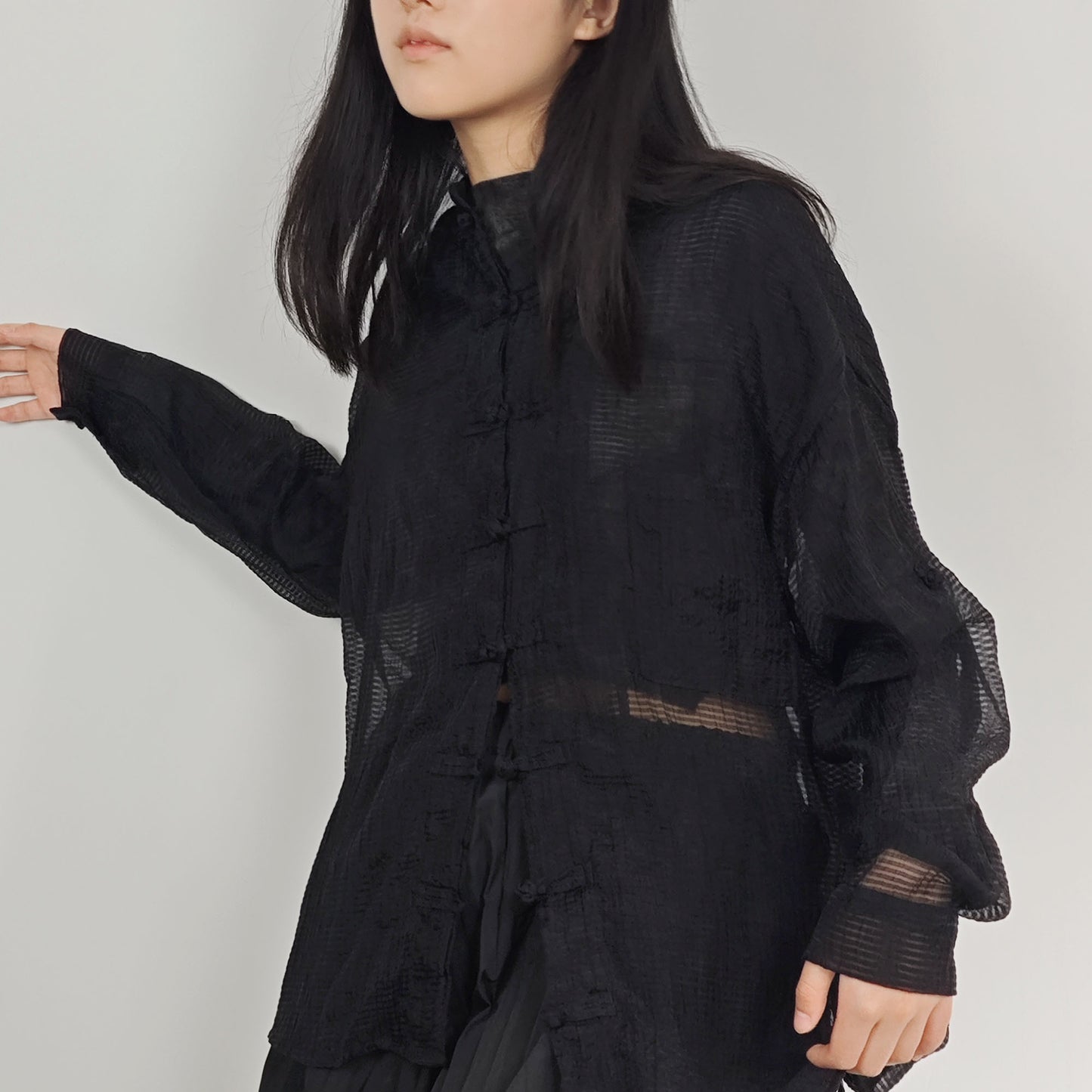 Light weigth see through Tang suit top tencel blended fabric loose fit tang suit style blouse
