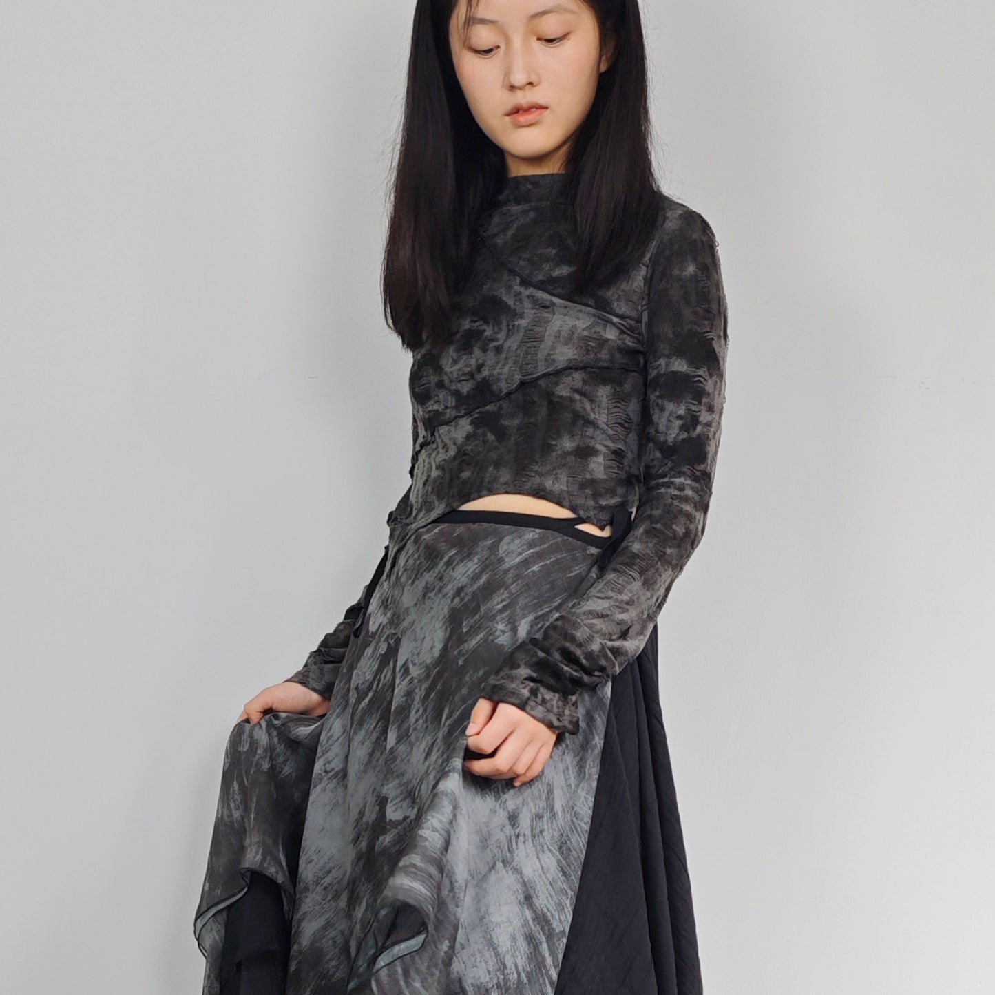 Asymmetric A line skirt raw edged layered skirt black distressed skirt women's flare skirt black skirt Ramie Skirt