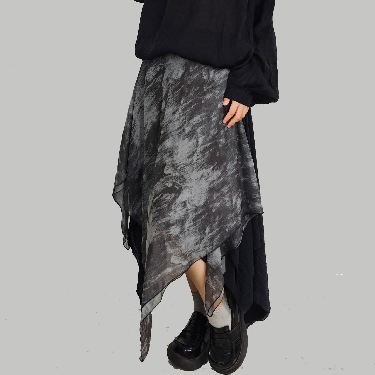 Asymmetric A line skirt raw edged layered skirt black distressed skirt women's flare skirt black skirt Ramie Skirt