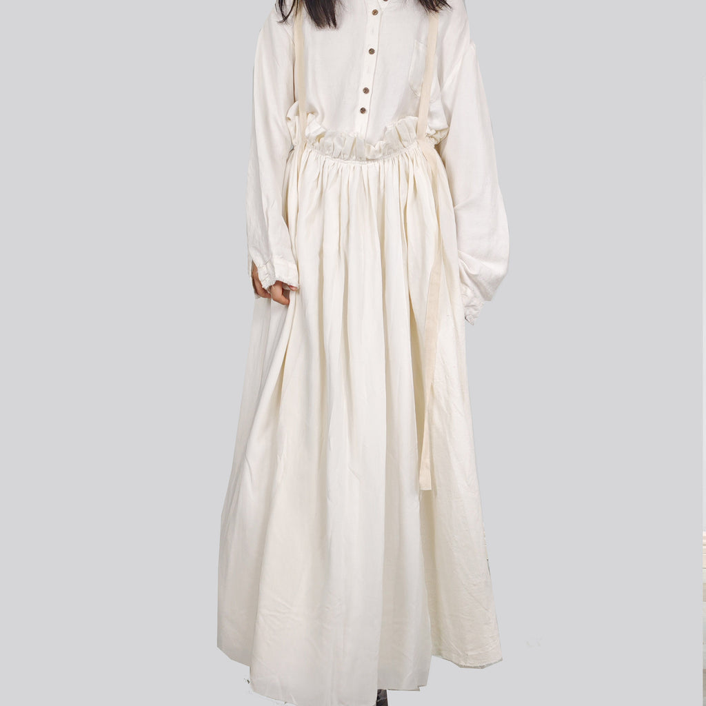 Cotton Linen skirt white linen skirt with suspenders straps raw edged linen skirt