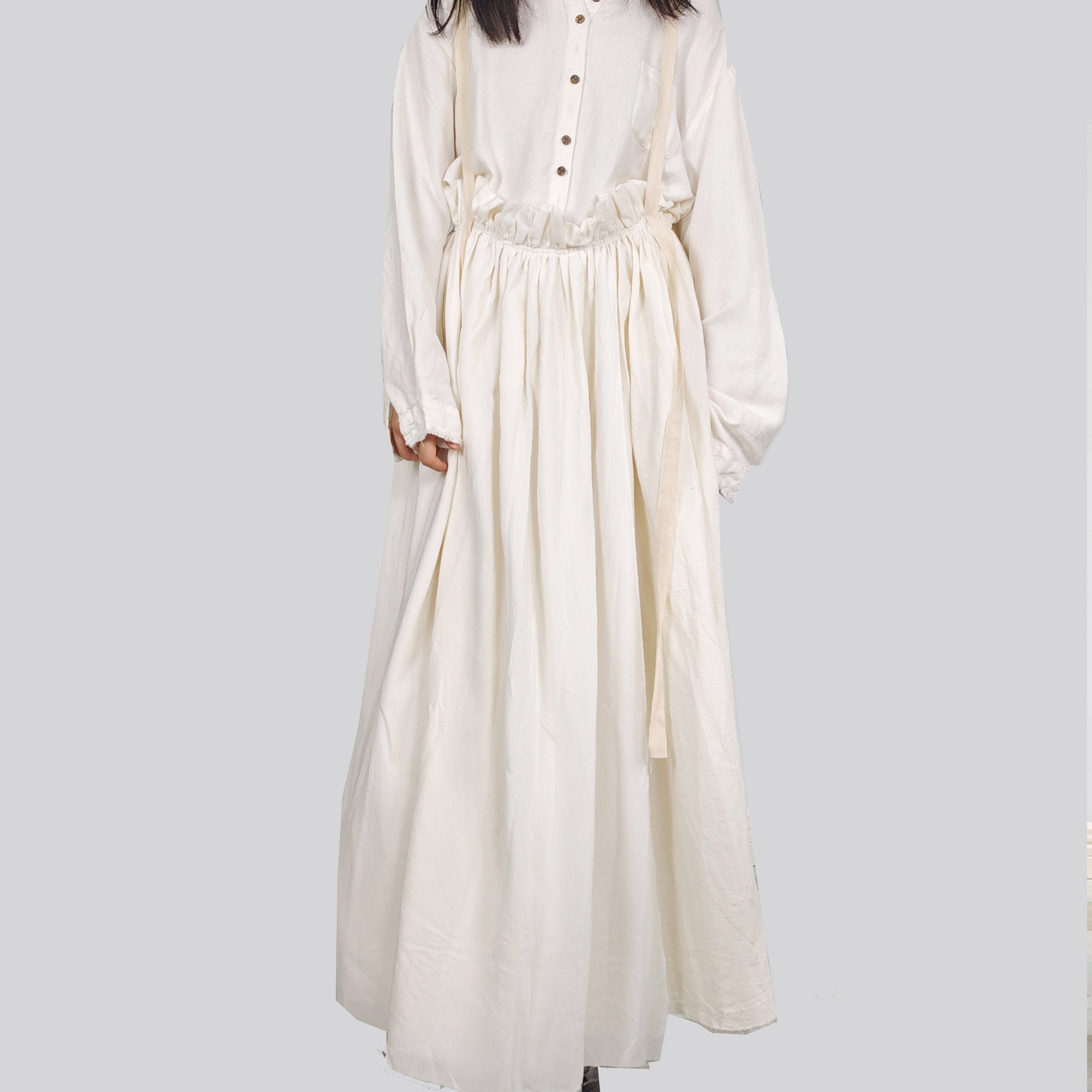 Cotton Linen skirt white linen skirt with suspenders straps raw edged linen skirt