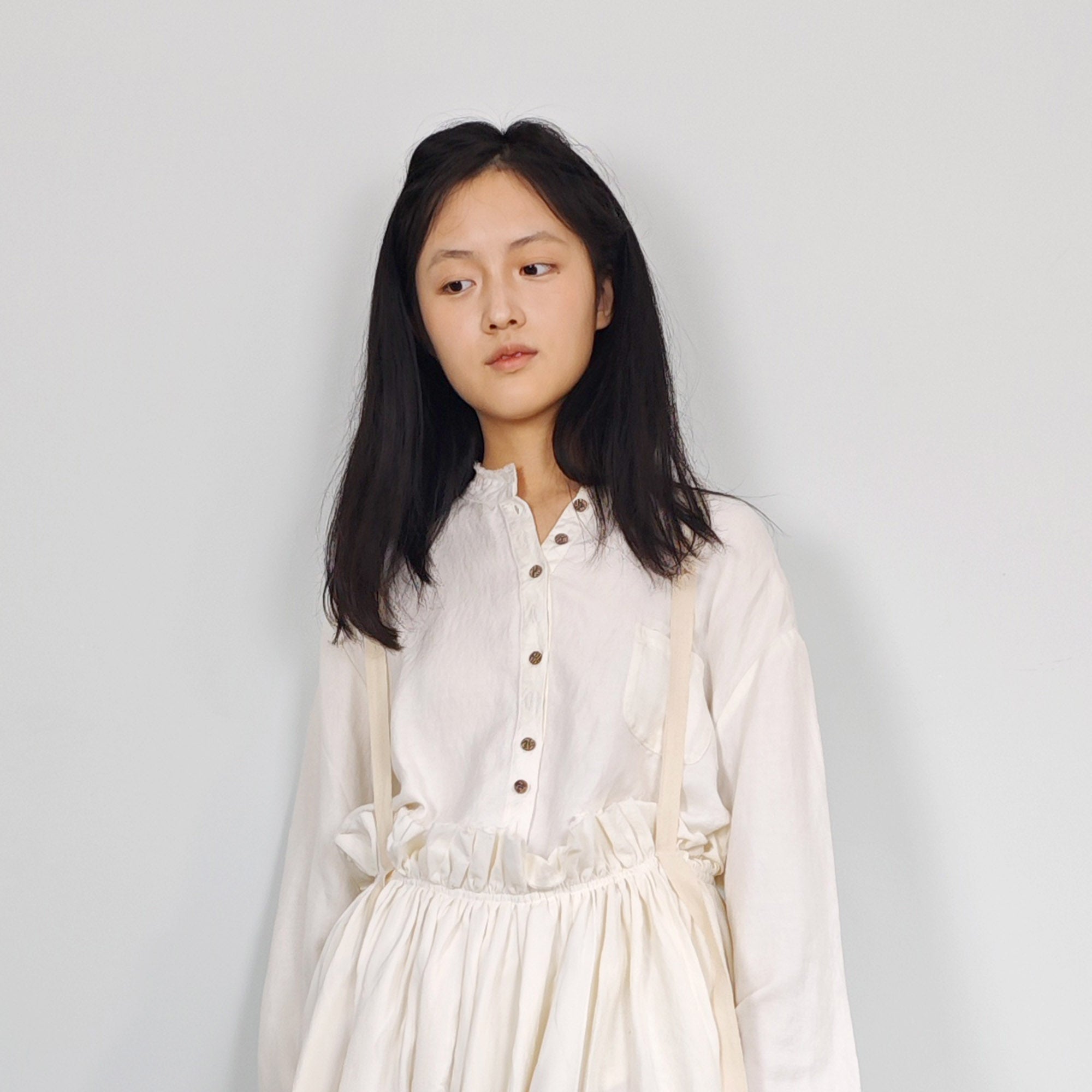 Cotton Linen skirt white linen skirt with suspenders straps raw edged linen skirt